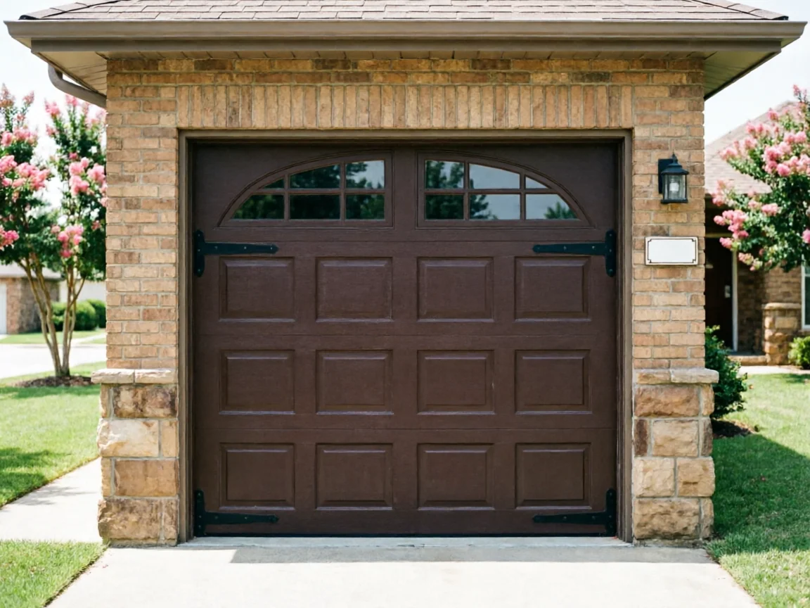 A brown garage door with decorative windows is set in a brick and stone garage.