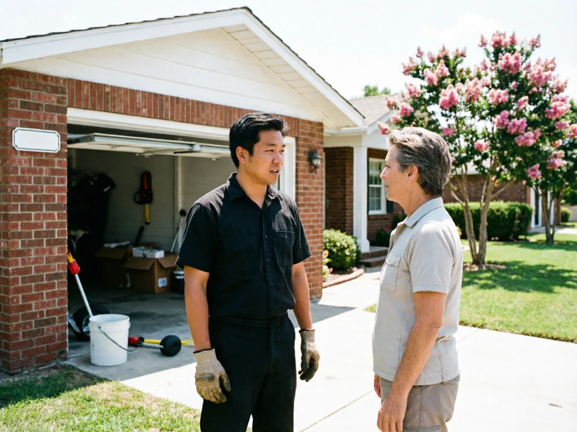 A technician and a man stand in front of a brick house with an open garage.