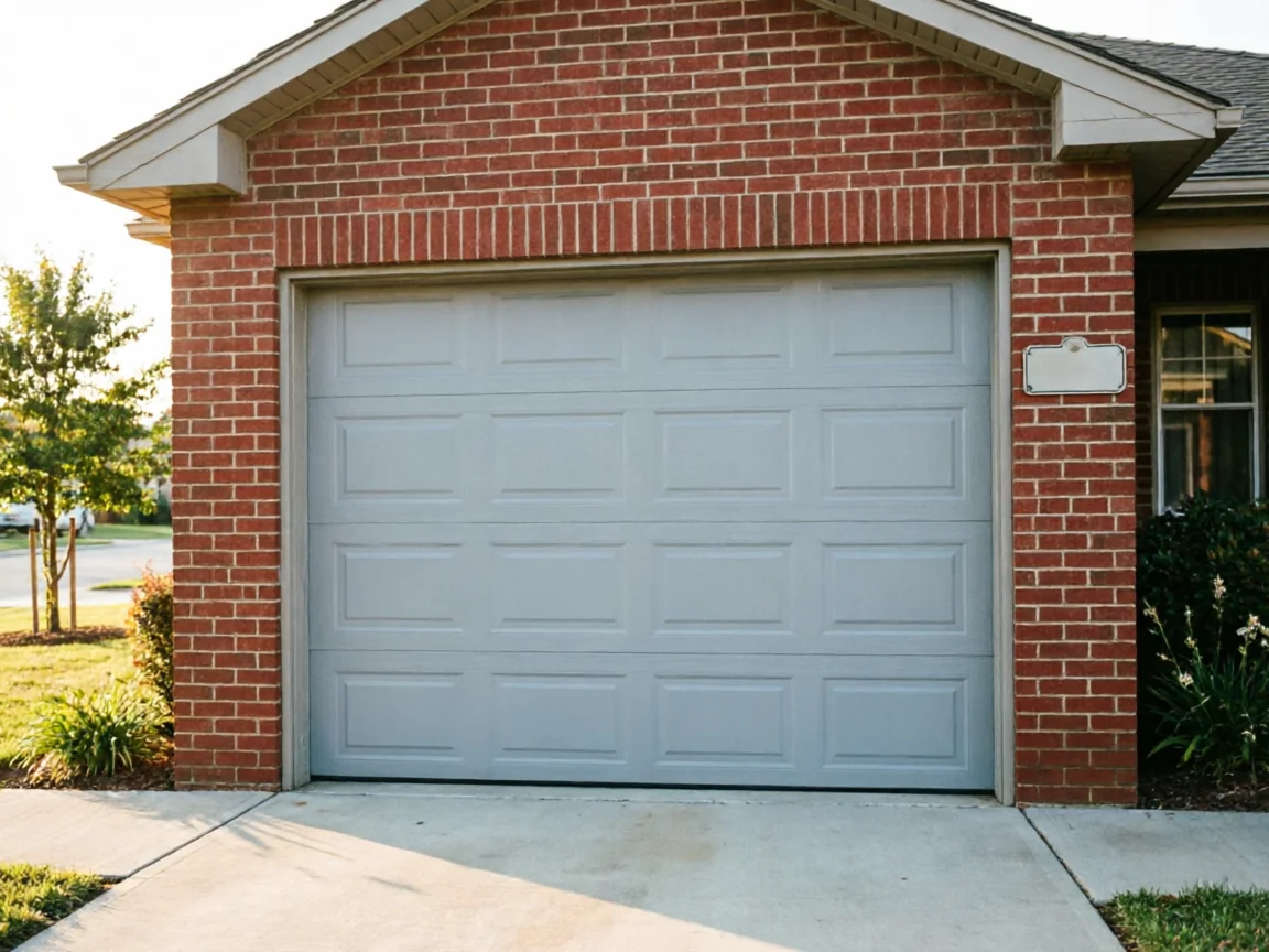 A light gray garage door is set into a red brick house.
